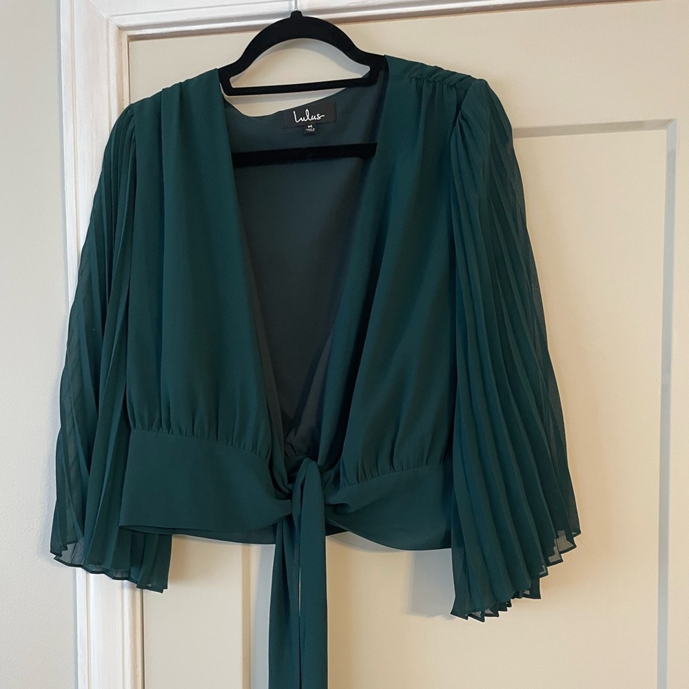 Lulu's Blue Green Pleated Tie-Front Blouse